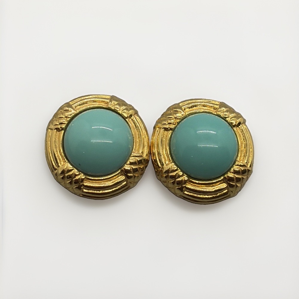 Ben Amun Blue Glass Cabochon Center Clip On Earrings Detailed Gold Tone Accents